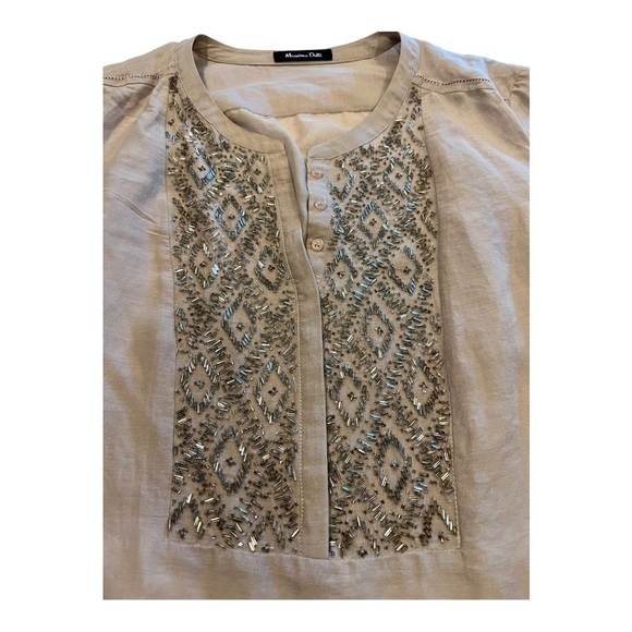 Massimo Dutti Silk Blend Taupe Beaded Split Neck Pullover Peasant Blouse XS - Picture 10 of 16